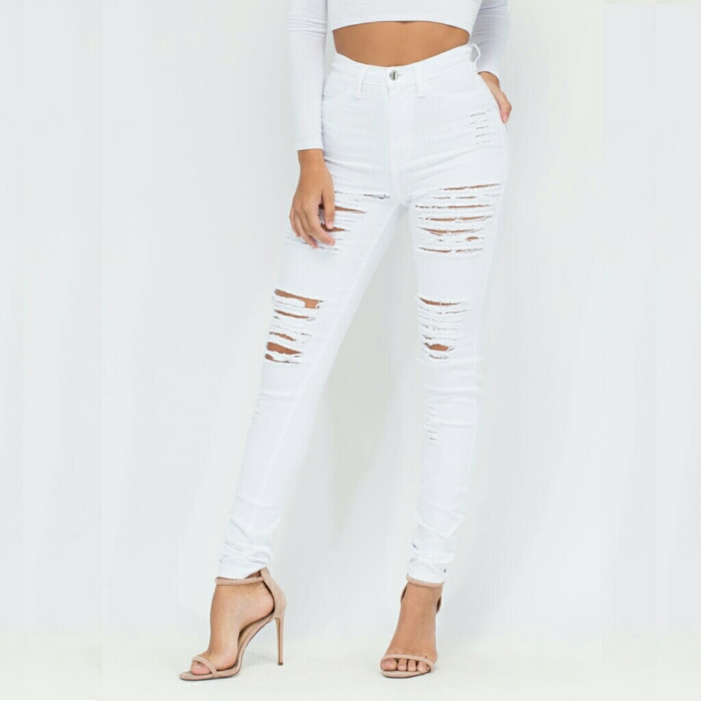 White Distressed High Waisted Jeans